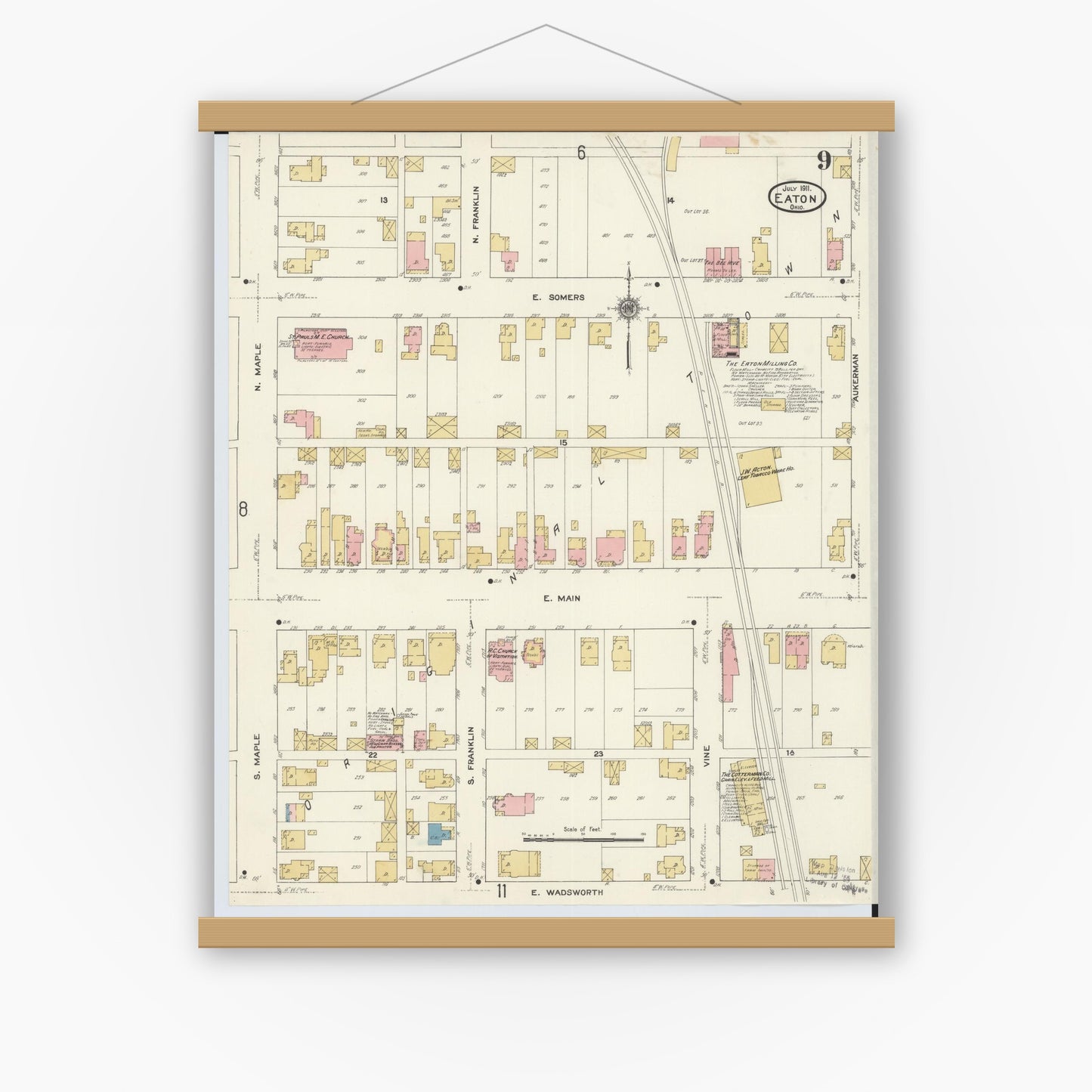 Old map wall art mockup — magnetic wood frame on white wall — Sanborn Fire Insurance Map from Eaton, Preble County, Ohio (1911), Sheet #0009