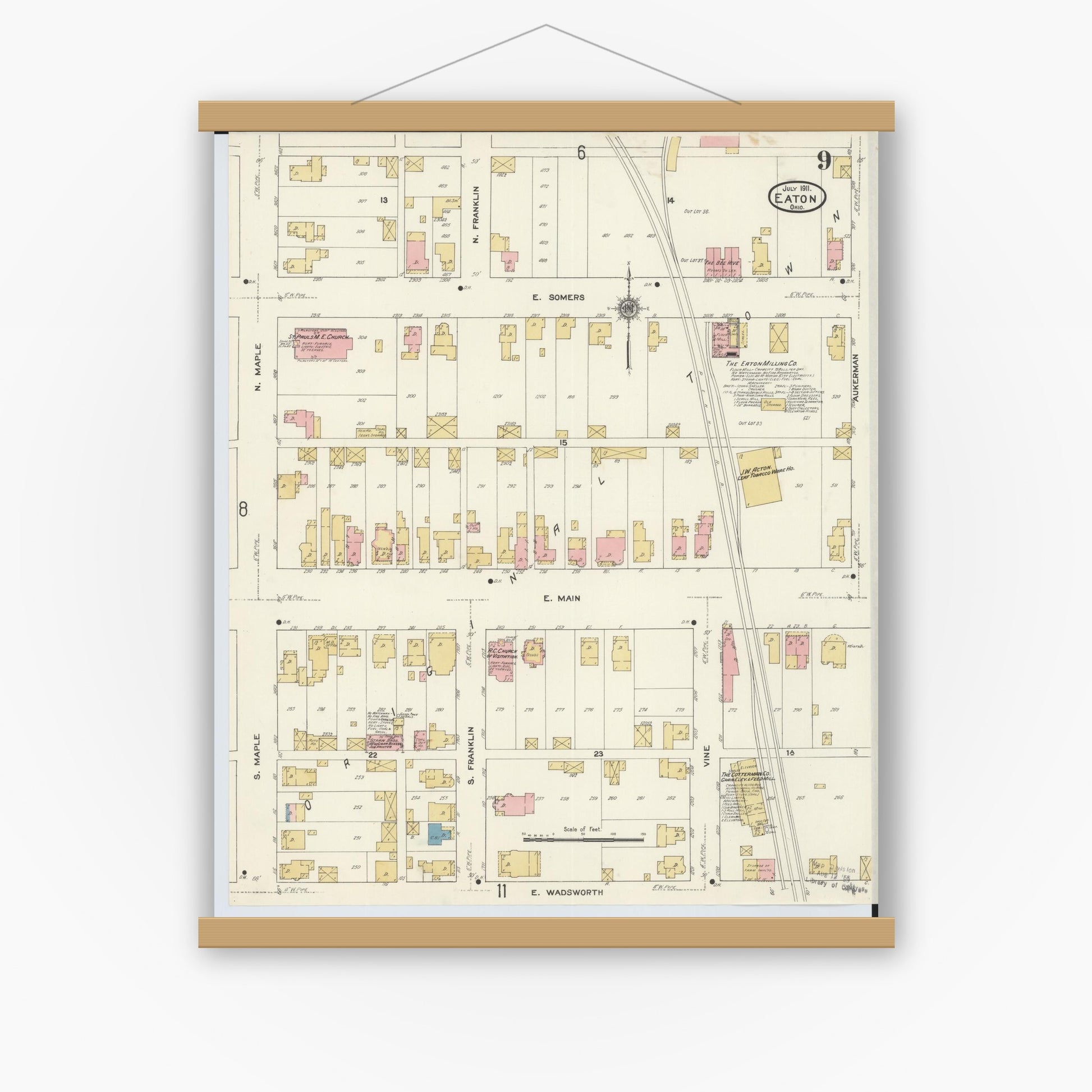 Old map wall art mockup — magnetic wood frame on white wall — Sanborn Fire Insurance Map from Eaton, Preble County, Ohio (1911), Sheet #0009