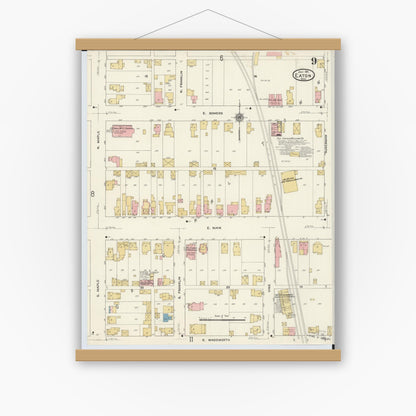 Old map wall art mockup — magnetic wood frame on white wall — Sanborn Fire Insurance Map from Eaton, Preble County, Ohio (1911), Sheet #0009