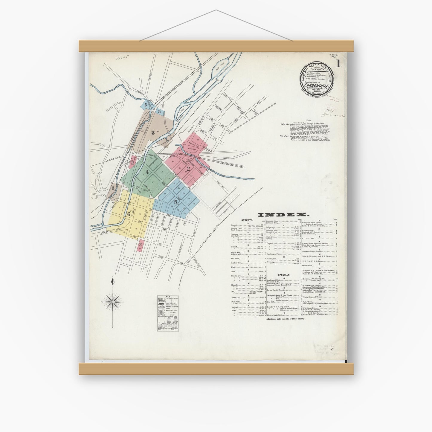 Old map wall art mockup — magnetic wood frame on white wall — Sanborn Fire Insurance Map from Carbondale, Lackawanna County, Pennsylvania (1896), Sheet #0001
