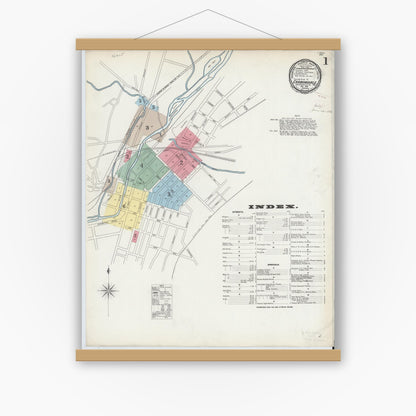 Old map wall art mockup — magnetic wood frame on white wall — Sanborn Fire Insurance Map from Carbondale, Lackawanna County, Pennsylvania (1896), Sheet #0001