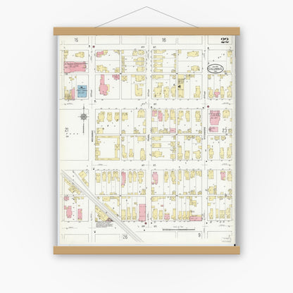 Old map wall art mockup — magnetic wood frame on white wall — Sanborn Fire Insurance Map from Columbus, Bartholomew County, Indiana (1912), Sheet #0022