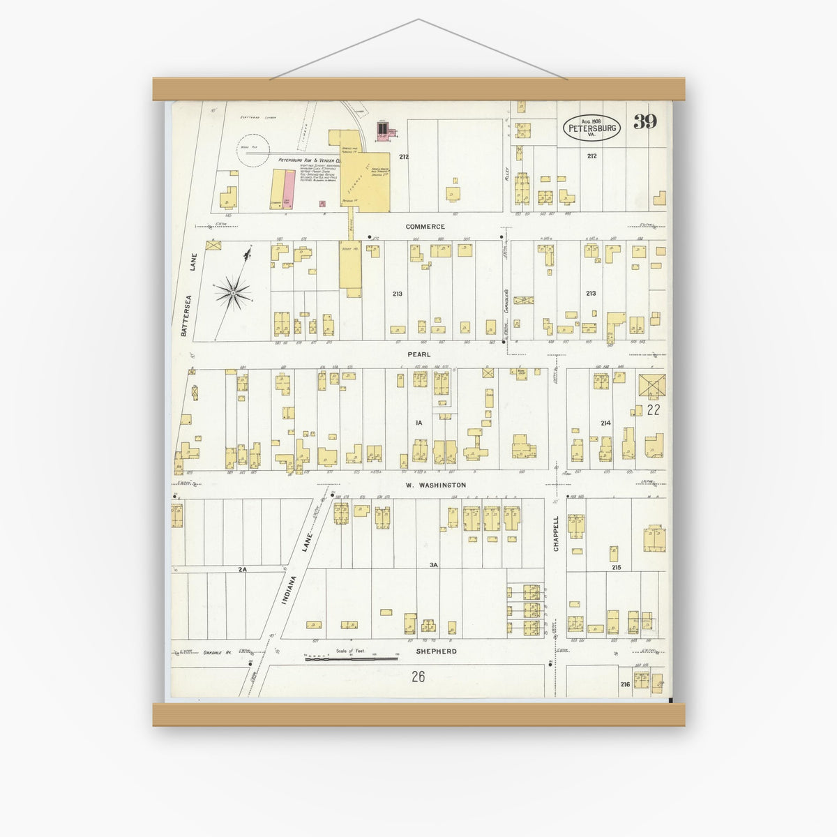 Old map wall art mockup — magnetic wood frame on white wall — Sanborn Fire Insurance Map from Petersburg, Independent Cities, Virginia (1908), Sheet #0039