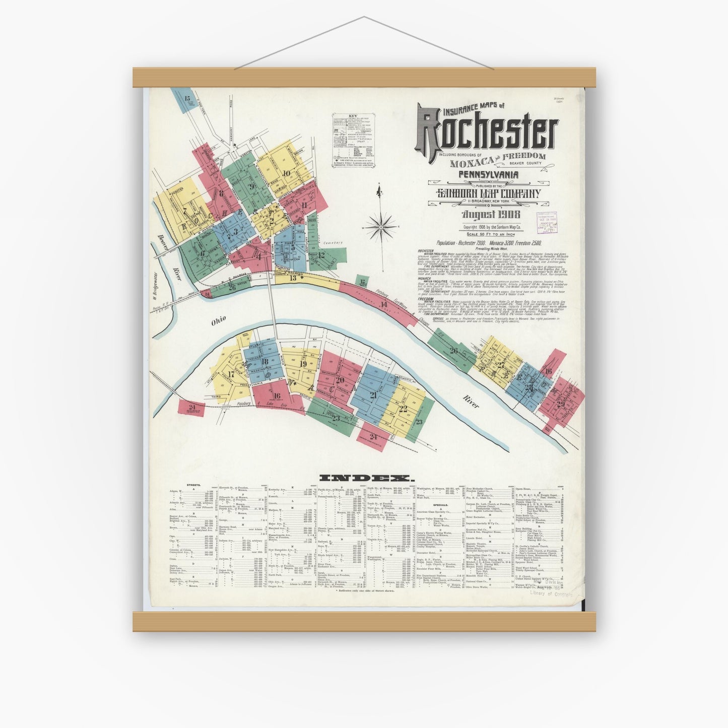 Old map wall art mockup — magnetic wood frame on white wall — Sanborn Fire Insurance Map from Rochester, Beaver County, Pennsylvania (1908) - Complete Map Set