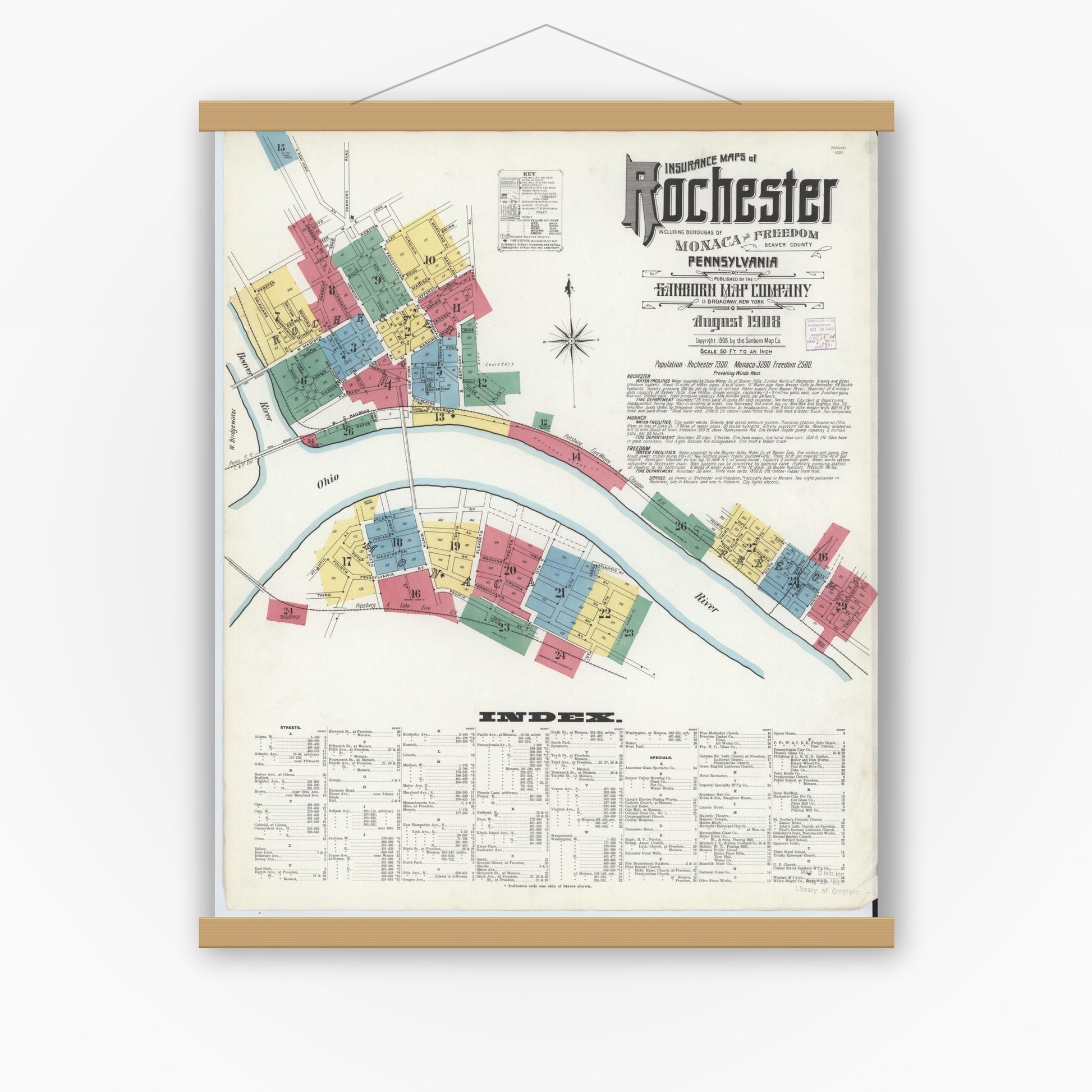Old map wall art mockup — magnetic wood frame on white wall — Sanborn Fire Insurance Map from Rochester, Beaver County, Pennsylvania (1908) - Complete Map Set