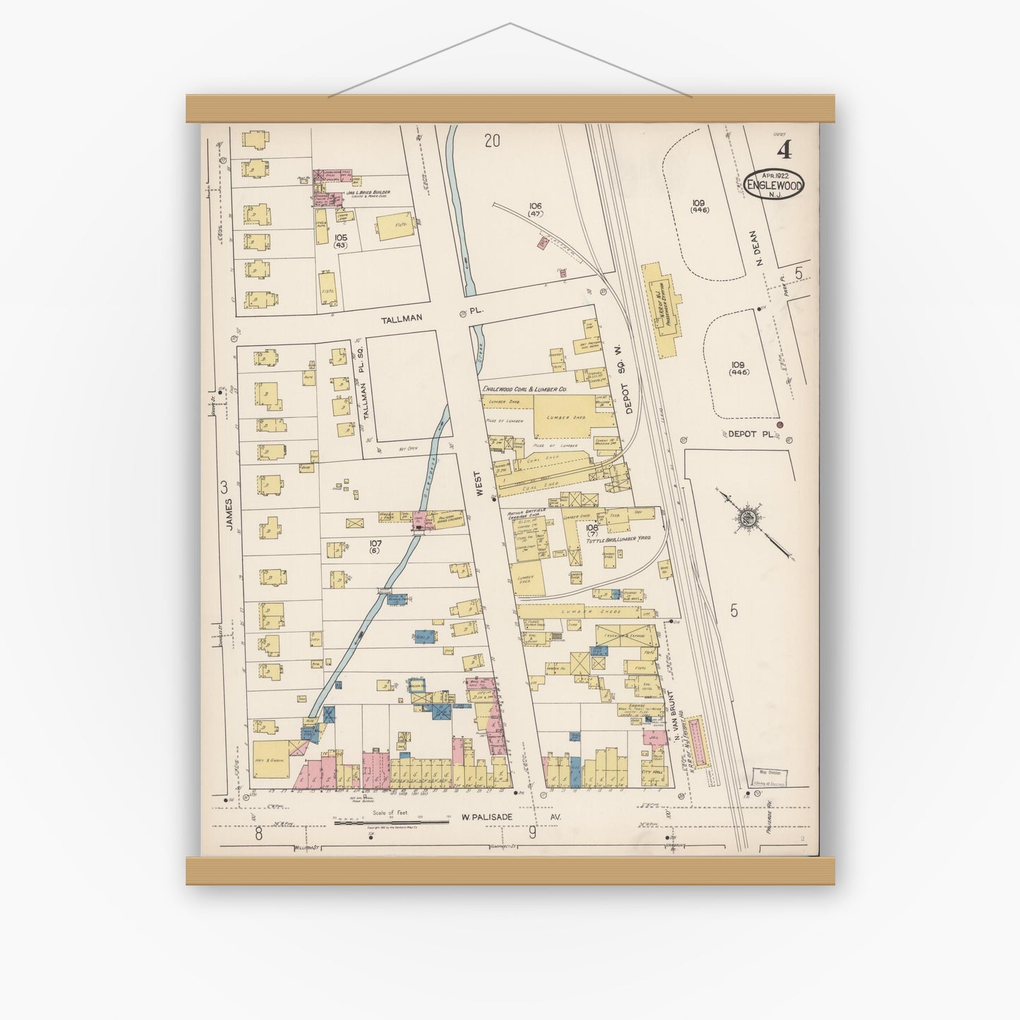 Old map wall art mockup — magnetic wood frame on white wall — Sanborn Fire Insurance Map from Englewood, Bergen County, New Jersey (1922), Sheet #0004