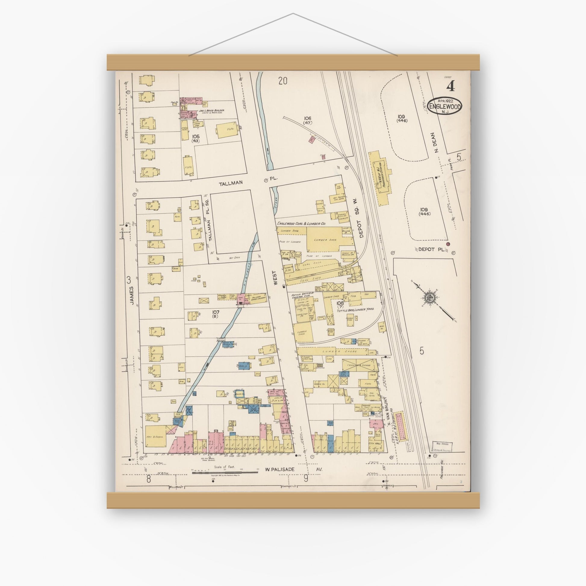 Old map wall art mockup — magnetic wood frame on white wall — Sanborn Fire Insurance Map from Englewood, Bergen County, New Jersey (1922), Sheet #0004