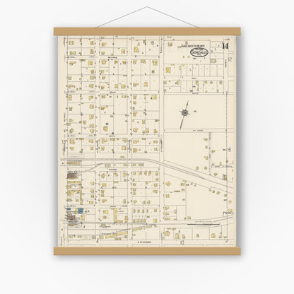 Old map wall art mockup — magnetic wood frame on white wall — Sanborn Fire Insurance Map from Gonzales, Gonzales County, Texas (1922), Sheet #0014