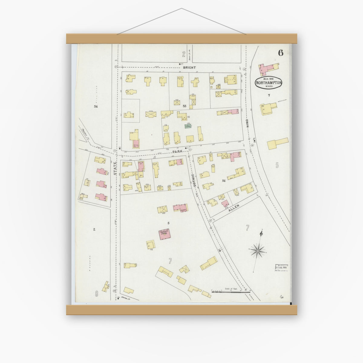 Old map wall art mockup — magnetic wood frame on white wall — Sanborn Fire Insurance Map from Northampton, Hampshire County, Massachusetts (1895), Sheet #0006