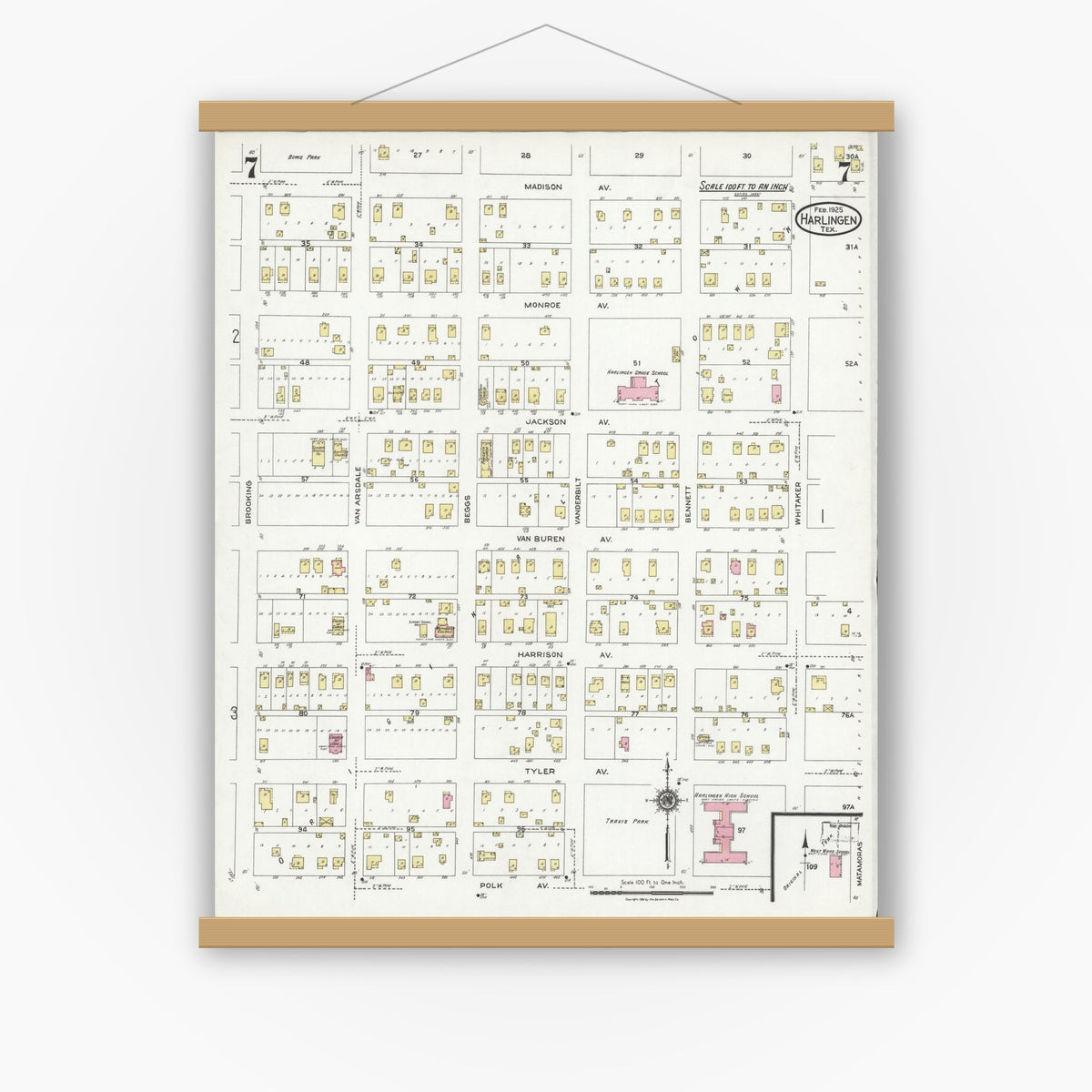 Old map wall art mockup — magnetic wood frame on white wall — Sanborn Fire Insurance Map from Harlingen, Cameron County, Texas (1925), Sheet #0007