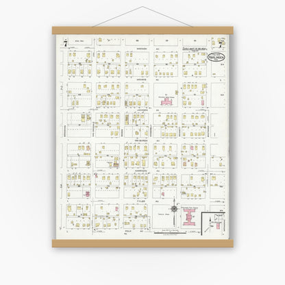 Old map wall art mockup — magnetic wood frame on white wall — Sanborn Fire Insurance Map from Harlingen, Cameron County, Texas (1925), Sheet #0007
