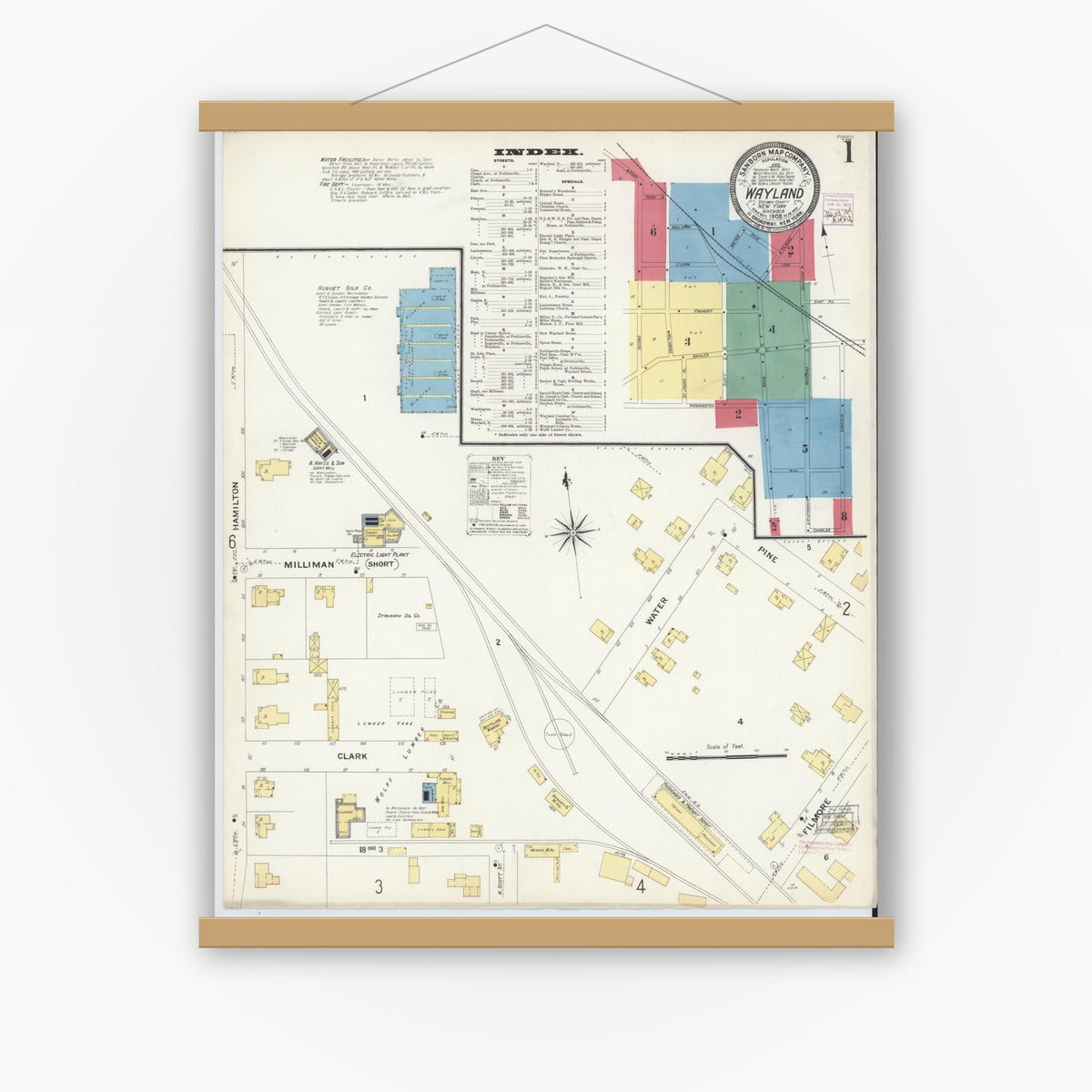 Old map wall art mockup — magnetic wood frame on white wall — Sanborn Fire Insurance Map from Wayland, Steuben County, New York (1908), Sheet #0001