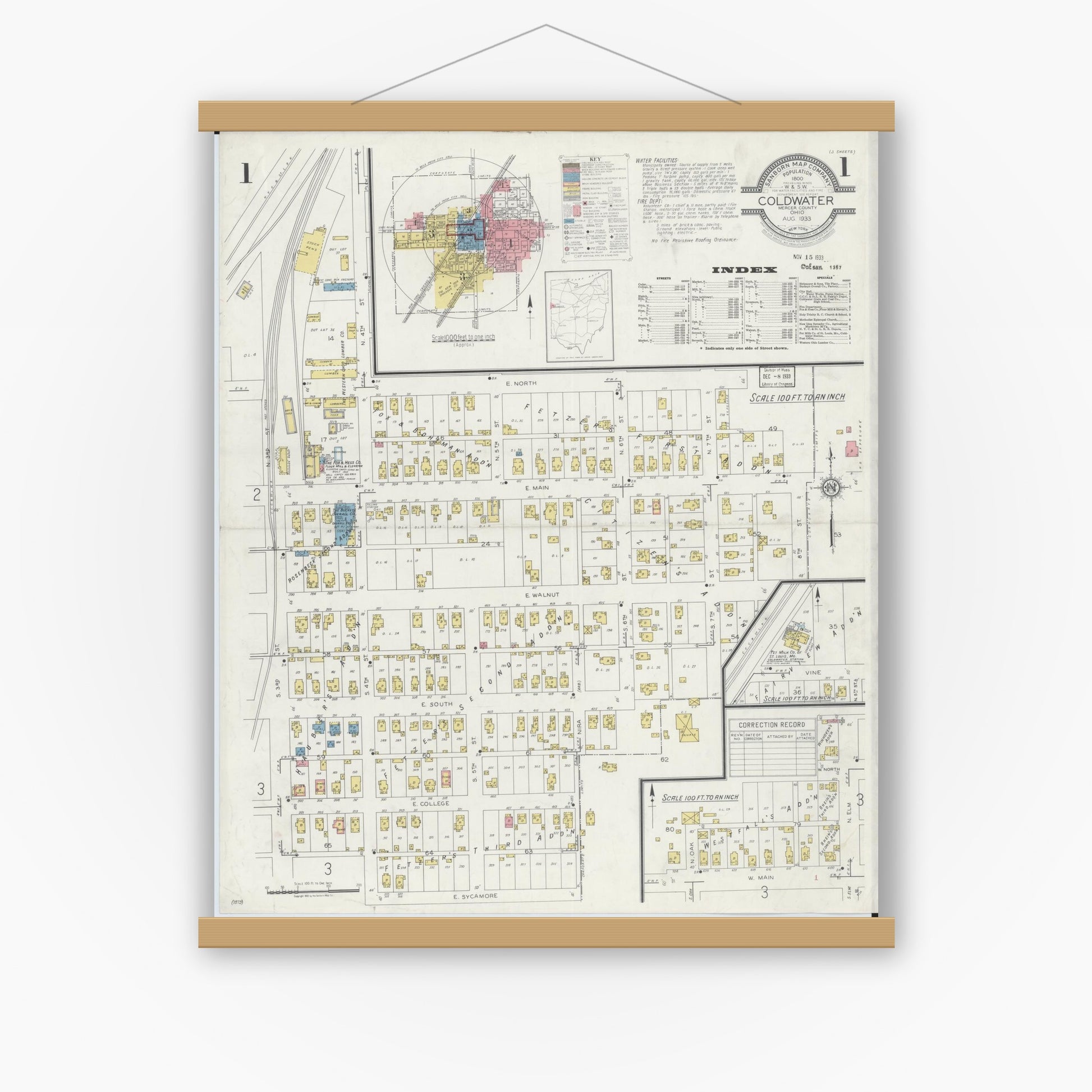 Old map wall art mockup — magnetic wood frame on white wall — Sanborn Fire Insurance Map from Cold Water, Mercer County, Ohio (1933) - Complete Map Set