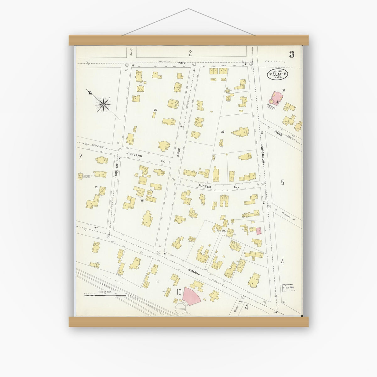 Old map wall art mockup — magnetic wood frame on white wall — Sanborn Fire Insurance Map from Palmer, Hampden County, Massachusetts (1906), Sheet #0003