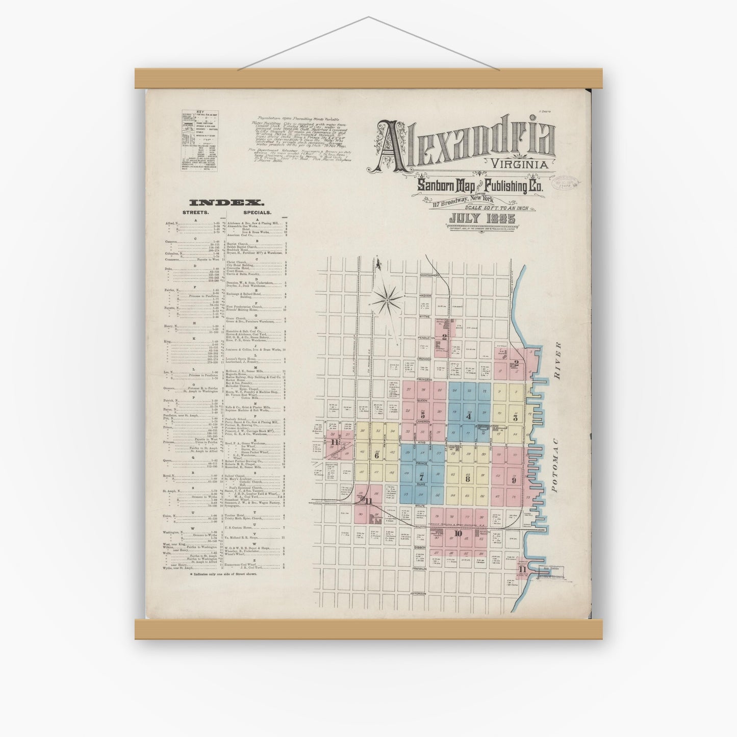 Old map wall art mockup — magnetic wood frame on white wall — Sanborn Fire Insurance Map from Alexandria, Independent Cities, Virginia (1885) - Complete Map Set