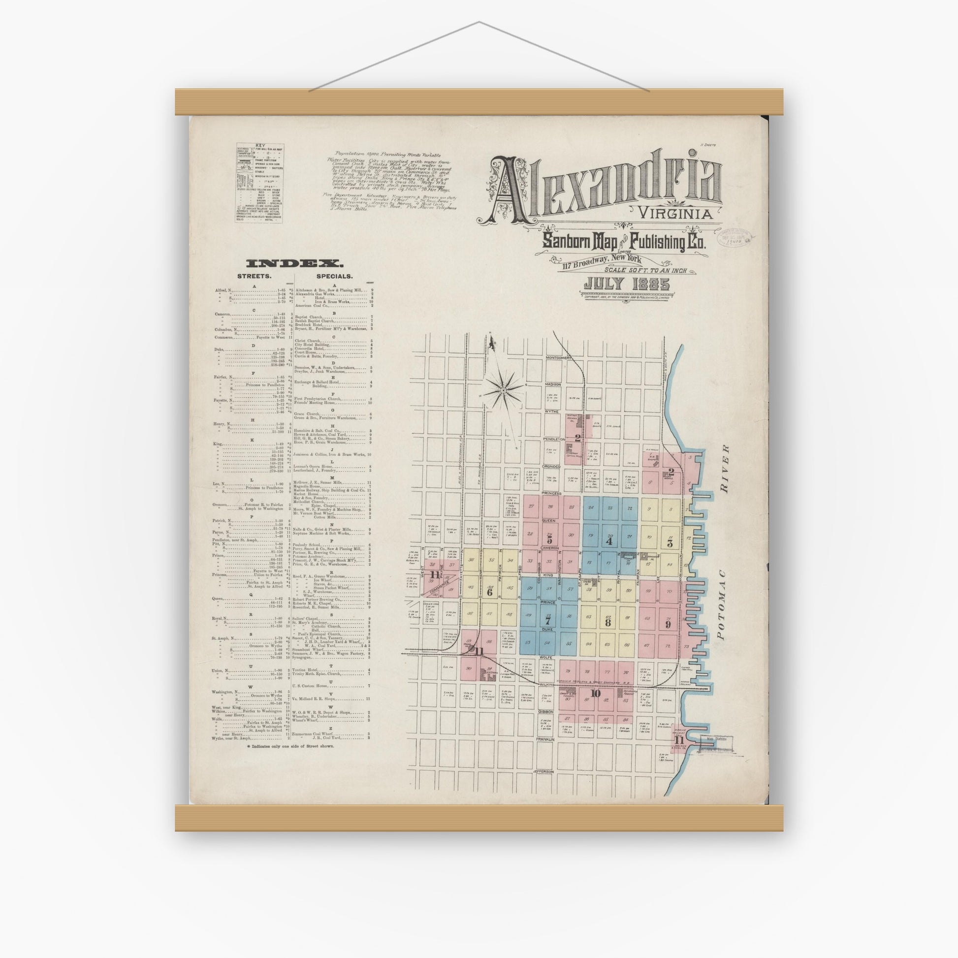 Old map wall art mockup — magnetic wood frame on white wall — Sanborn Fire Insurance Map from Alexandria, Independent Cities, Virginia (1885) - Complete Map Set
