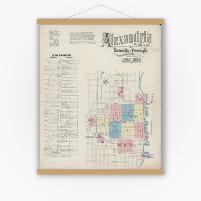 Old map wall art mockup — magnetic wood frame on white wall — Sanborn Fire Insurance Map from Alexandria, Independent Cities, Virginia (1885) - Complete Map Set