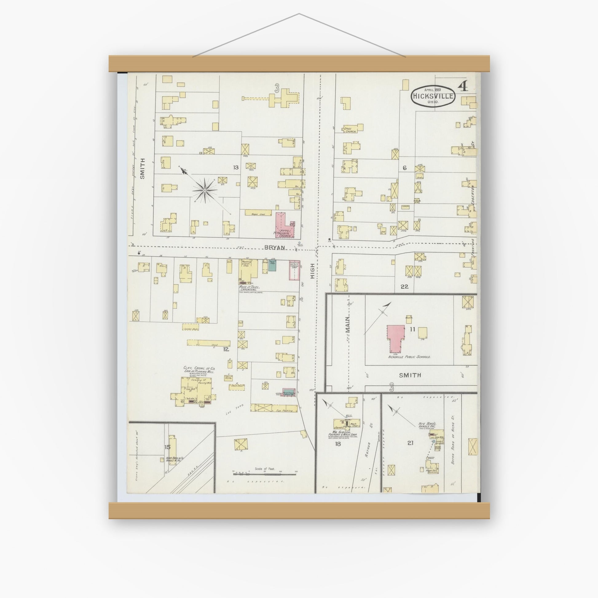 Old map wall art mockup — magnetic wood frame on white wall — Sanborn Fire Insurance Map from Hicksville, Defiance County, Ohio (1893), Sheet #0004