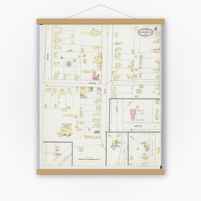 Old map wall art mockup — magnetic wood frame on white wall — Sanborn Fire Insurance Map from Hicksville, Defiance County, Ohio (1893), Sheet #0004