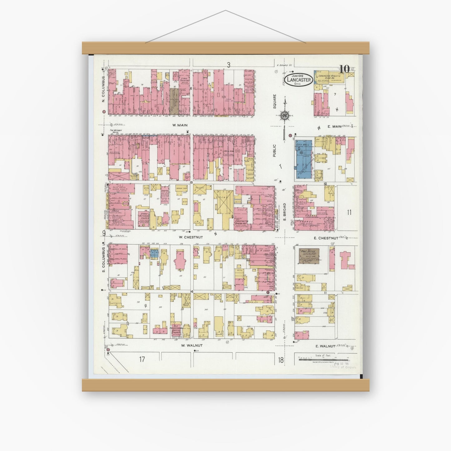 Old map wall art mockup — magnetic wood frame on white wall — Sanborn Fire Insurance Map from Lancaster, Fairfield County, Ohio (1919), Sheet #0010
