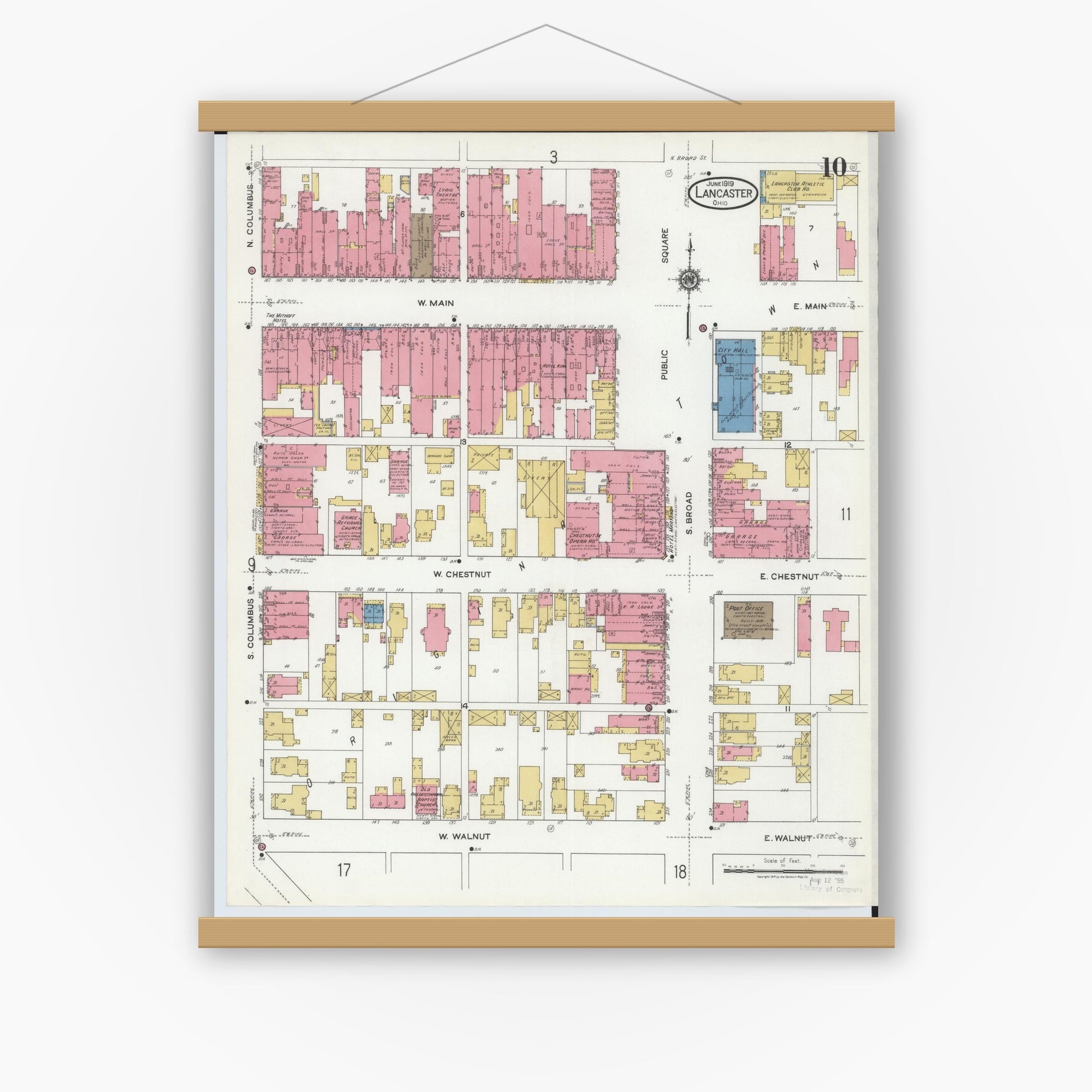 Old map wall art mockup — magnetic wood frame on white wall — Sanborn Fire Insurance Map from Lancaster, Fairfield County, Ohio (1919), Sheet #0010