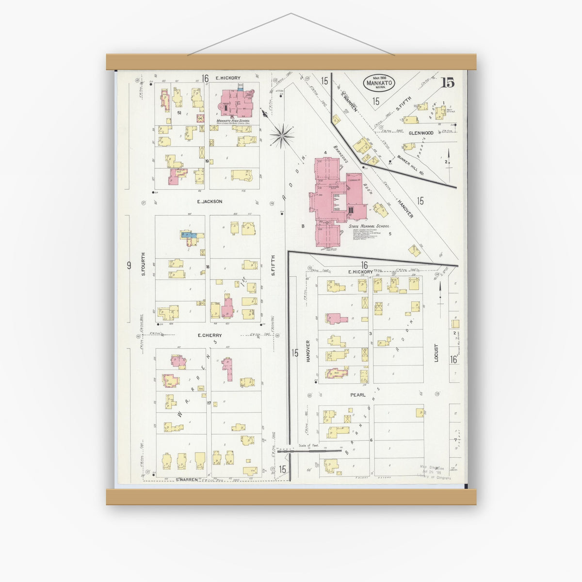Old map wall art mockup — magnetic wood frame on white wall — Sanborn Fire Insurance Map from Mankato, Blue Earth County, Minnesota (1908), Sheet #0015