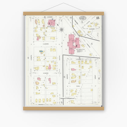Old map wall art mockup — magnetic wood frame on white wall — Sanborn Fire Insurance Map from Mankato, Blue Earth County, Minnesota (1908), Sheet #0015