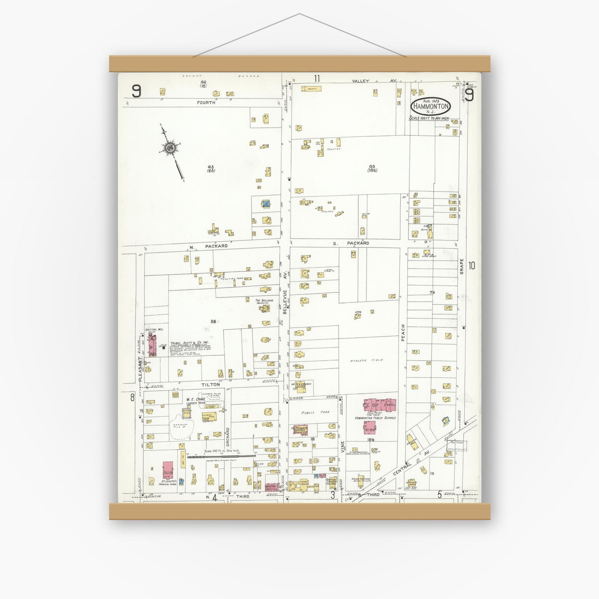 Old map wall art mockup — magnetic wood frame on white wall — Sanborn Fire Insurance Map from Hammonton, Atlantic County, New Jersey (1923), Sheet #0009