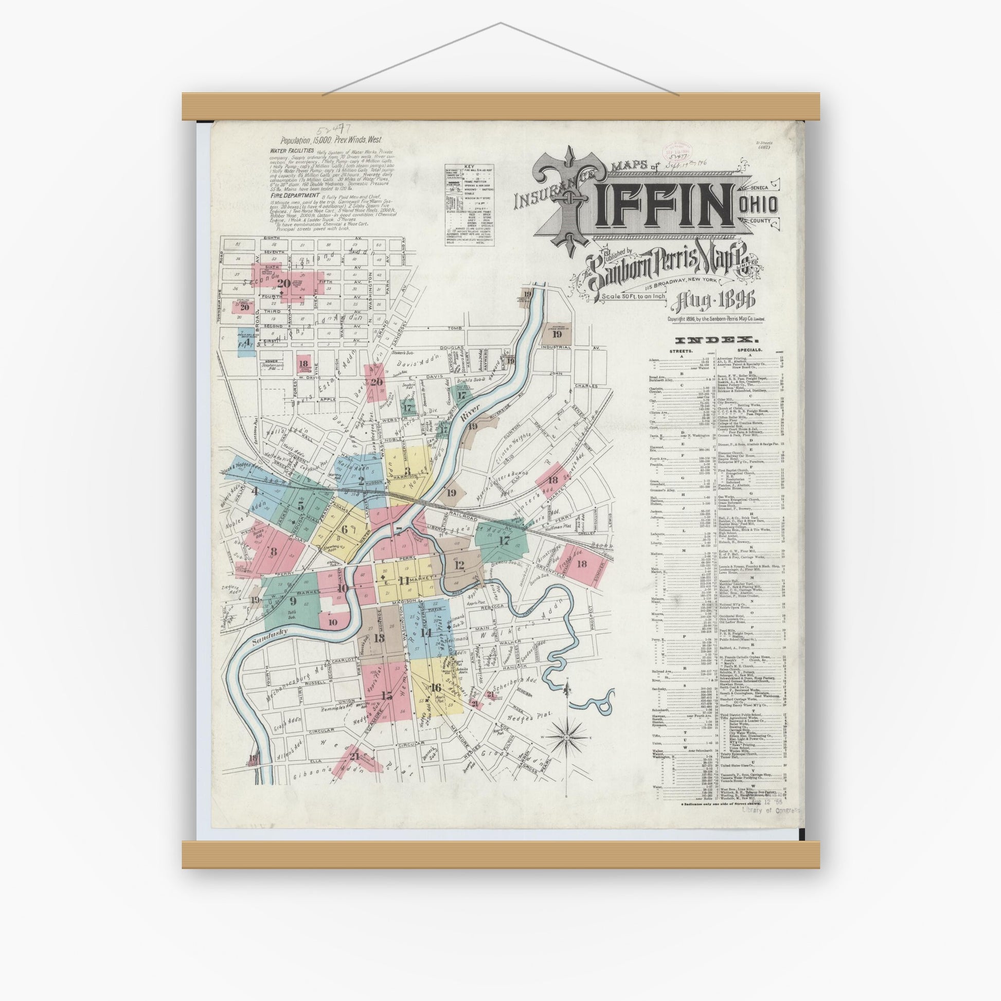 Old map wall art mockup — magnetic wood frame on white wall — Sanborn Fire Insurance Map from Tiffin, Seneca County, Ohio (1896), Sheet #0001