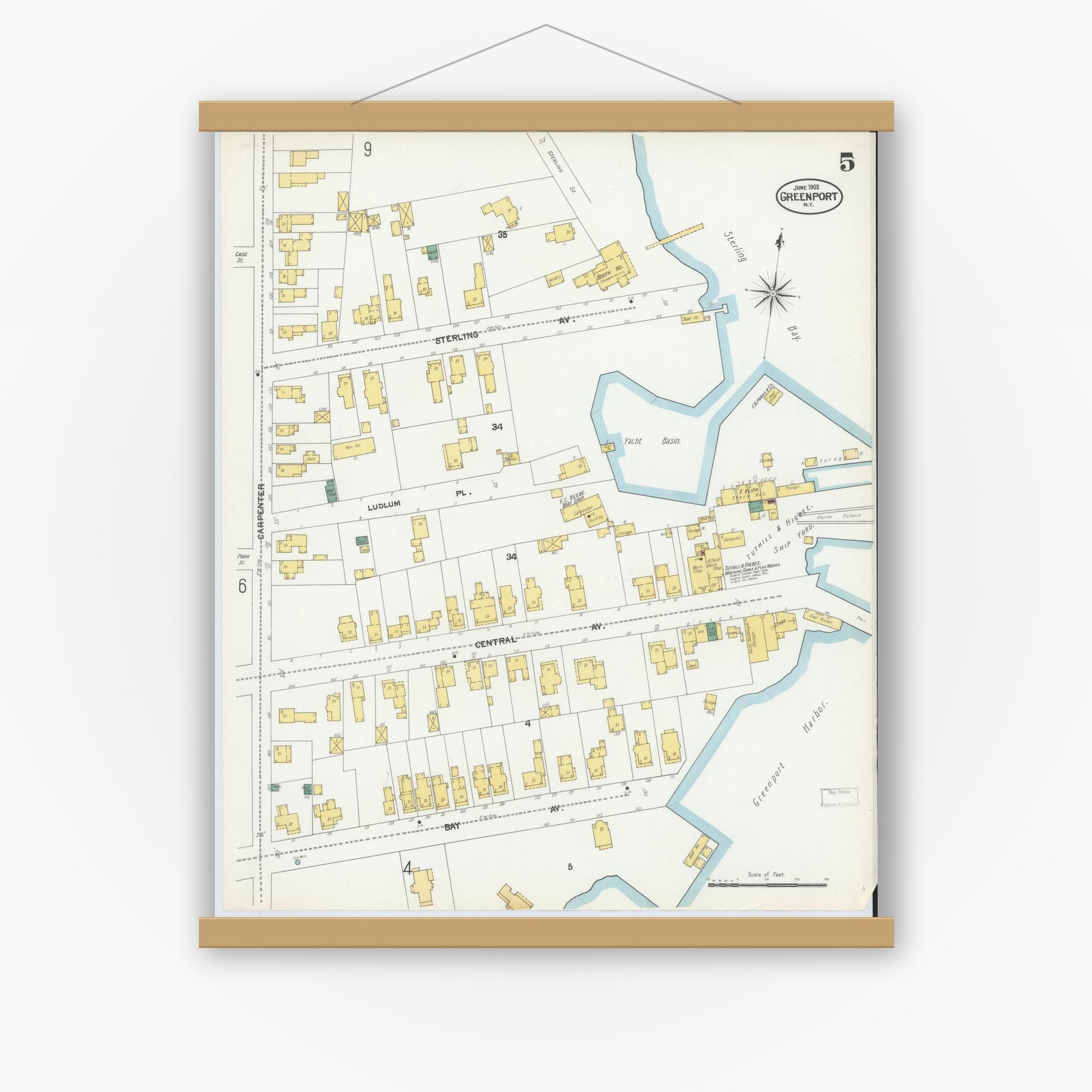 Old map wall art mockup — magnetic wood frame on white wall — Sanborn Fire Insurance Map from Greenport, Suffolk County, New York (1902), Sheet #0005