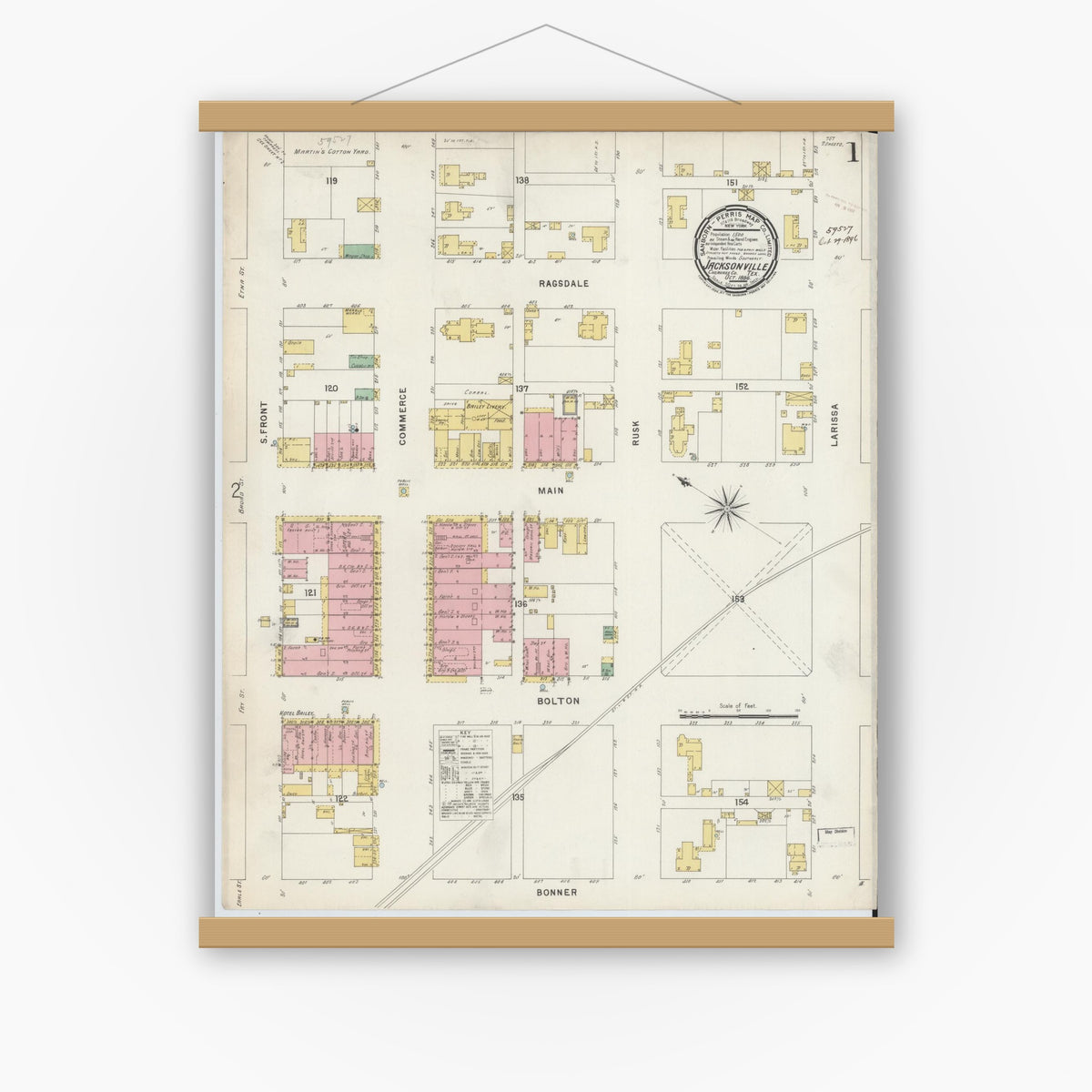 Old map wall art mockup — magnetic wood frame on white wall — Sanborn Fire Insurance Map from Jacksonville, Cherokee County, Texas (1896) - Complete Map Set