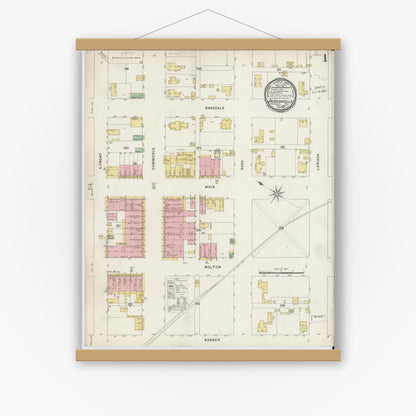 Old map wall art mockup — magnetic wood frame on white wall — Sanborn Fire Insurance Map from Jacksonville, Cherokee County, Texas (1896) - Complete Map Set