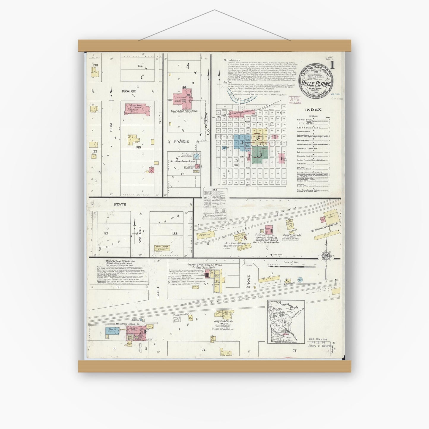 Old map wall art mockup — magnetic wood frame on white wall — Sanborn Fire Insurance Map from Belle Plaine, Scott County, Minnesota (1914), Sheet #0001