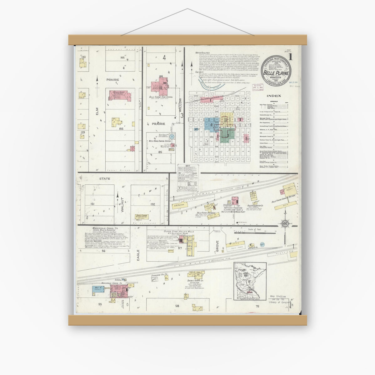 Old map wall art mockup — magnetic wood frame on white wall — Sanborn Fire Insurance Map from Belle Plaine, Scott County, Minnesota (1914), Sheet #0001