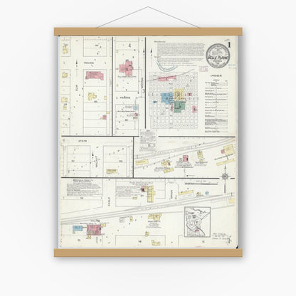 Old map wall art mockup — magnetic wood frame on white wall — Sanborn Fire Insurance Map from Belle Plaine, Scott County, Minnesota (1914), Sheet #0001