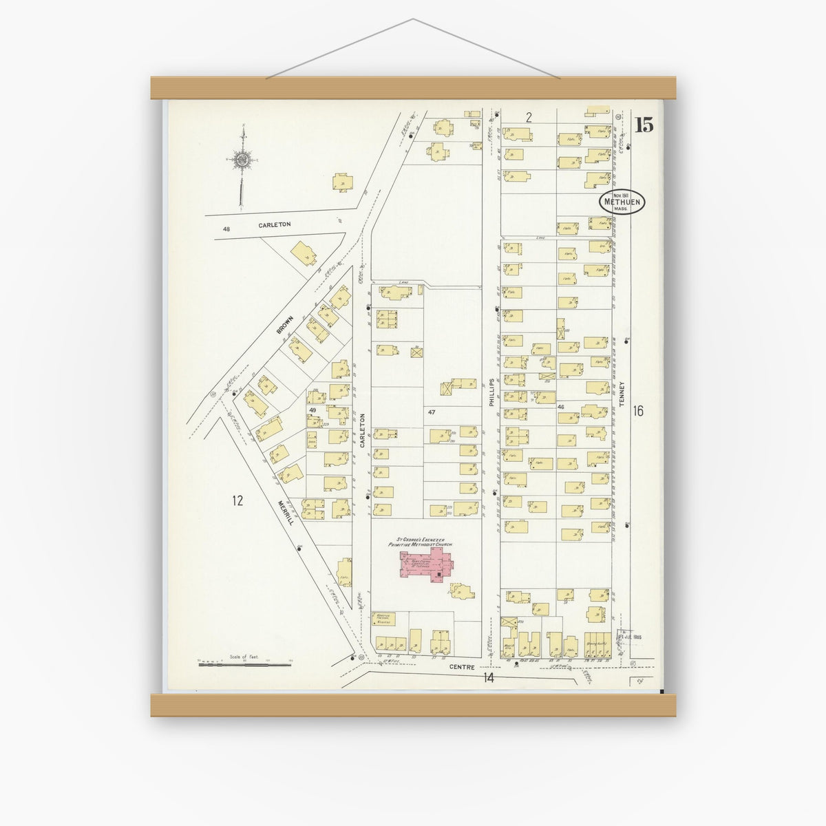 Old map wall art mockup — magnetic wood frame on white wall — Sanborn Fire Insurance Map from Methuen, Essex County, Massachusetts (1911), Sheet #0015