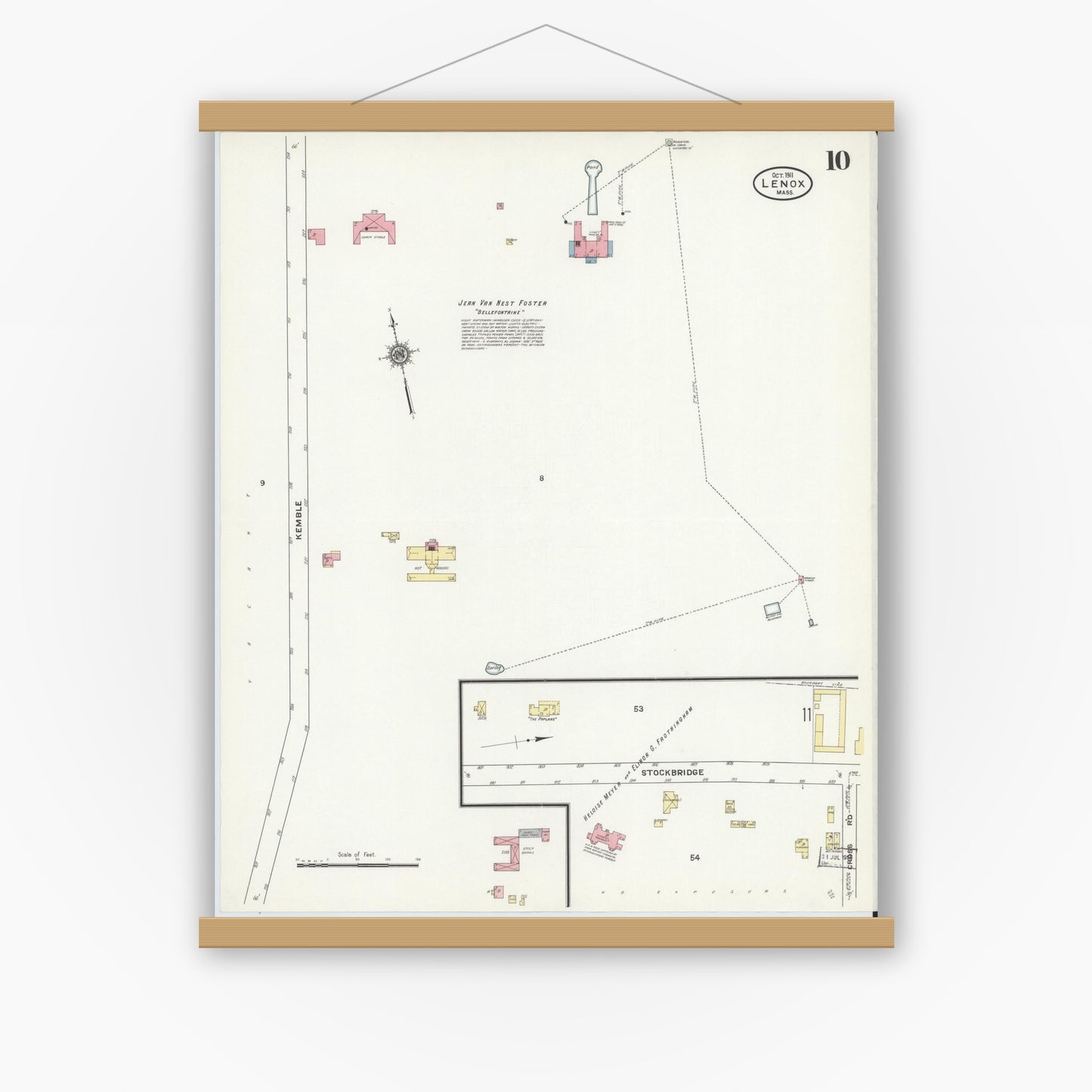 Old map wall art mockup — magnetic wood frame on white wall — Sanborn Fire Insurance Map from Lenox, Berkshire County, Massachusetts (1911), Sheet #0010