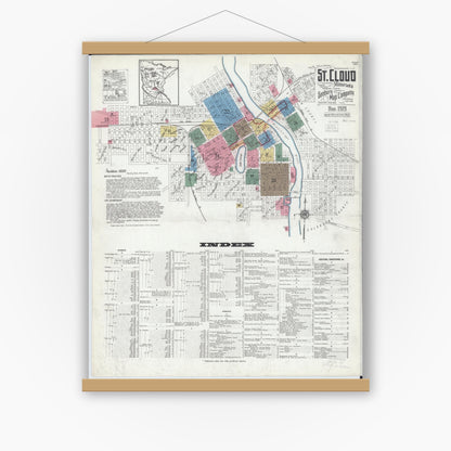 Old map wall art mockup — magnetic wood frame on white wall — Sanborn Fire Insurance Map from Saint Cloud, Stearns, Benton, and Sherburne Counties, Minnesota (1919), Sheet #0001