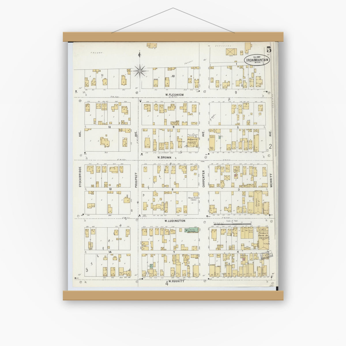 Old map wall art mockup — magnetic wood frame on white wall — Sanborn Fire Insurance Map from Iron Mountain, Dickinson County, Michigan (1897), Sheet #0005