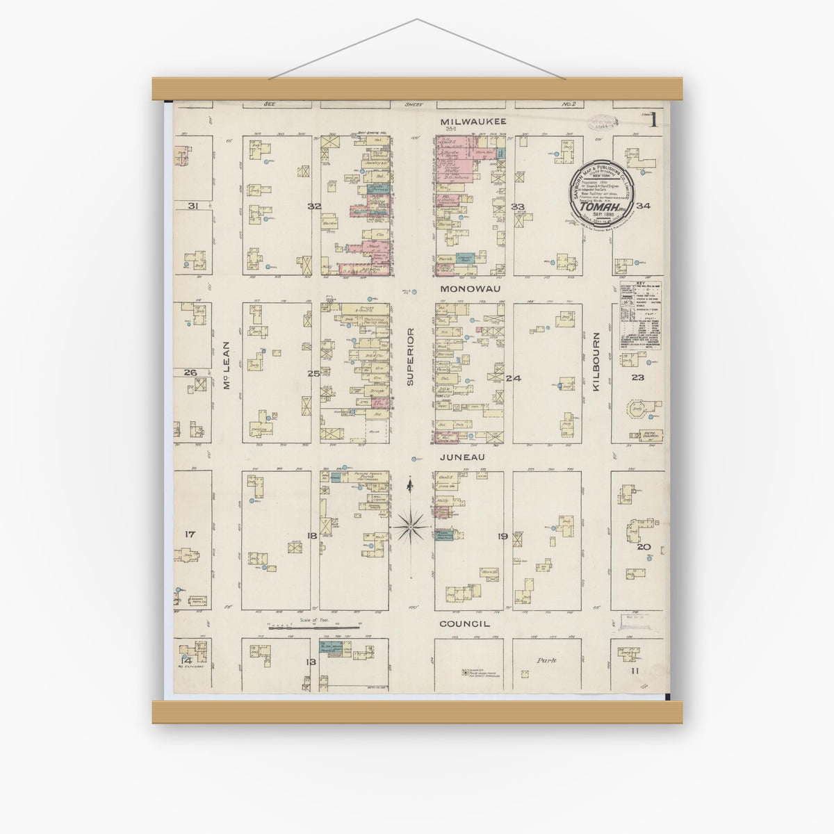 Old map wall art mockup — magnetic wood frame on white wall — Sanborn Fire Insurance Map from Tomah, Monroe County, Wisconsin (1885) - Complete Map Set