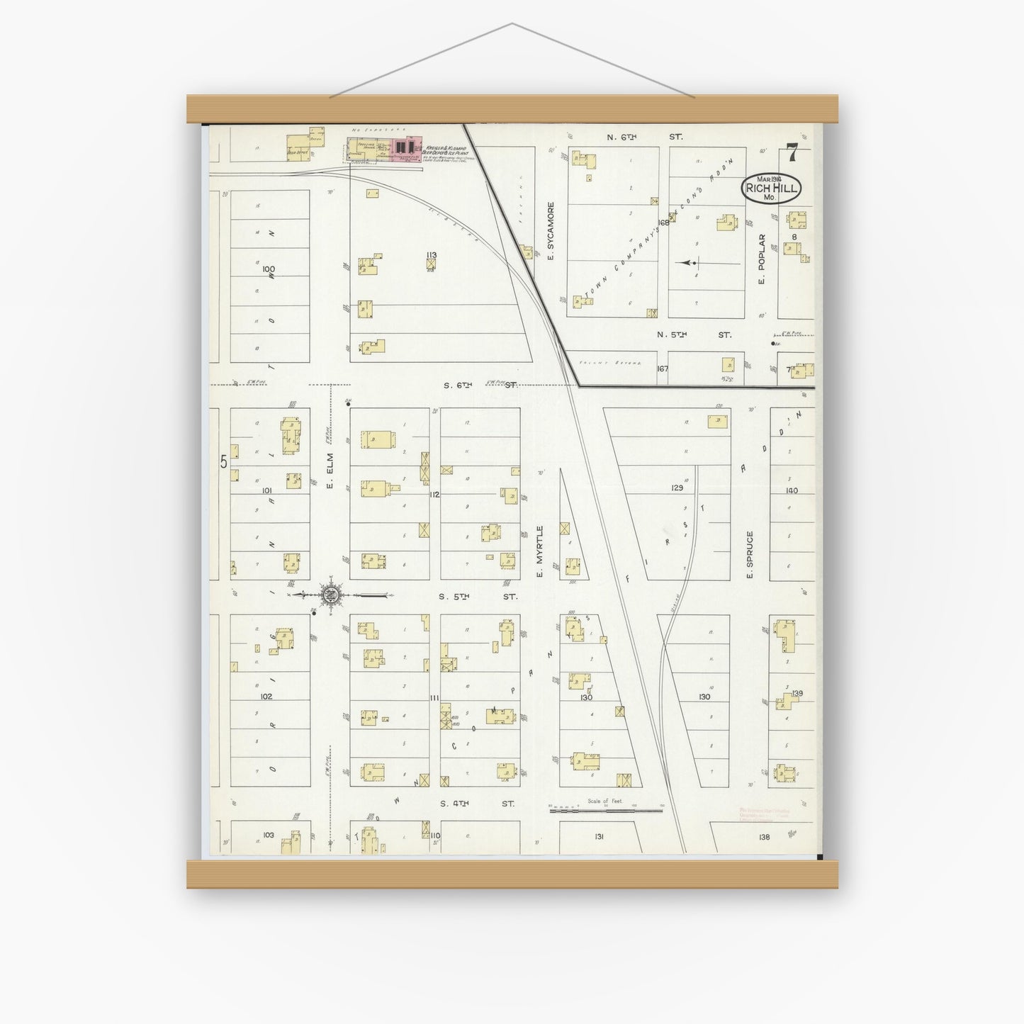 Old map wall art mockup — magnetic wood frame on white wall — Sanborn Fire Insurance Map from Rich Hill, Bates County, Missouri (1914), Sheet #0007