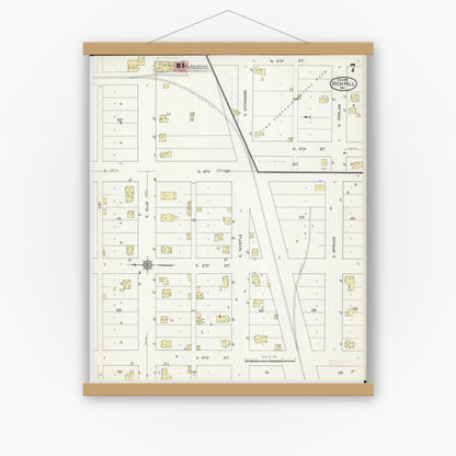 Old map wall art mockup — magnetic wood frame on white wall — Sanborn Fire Insurance Map from Rich Hill, Bates County, Missouri (1914), Sheet #0007