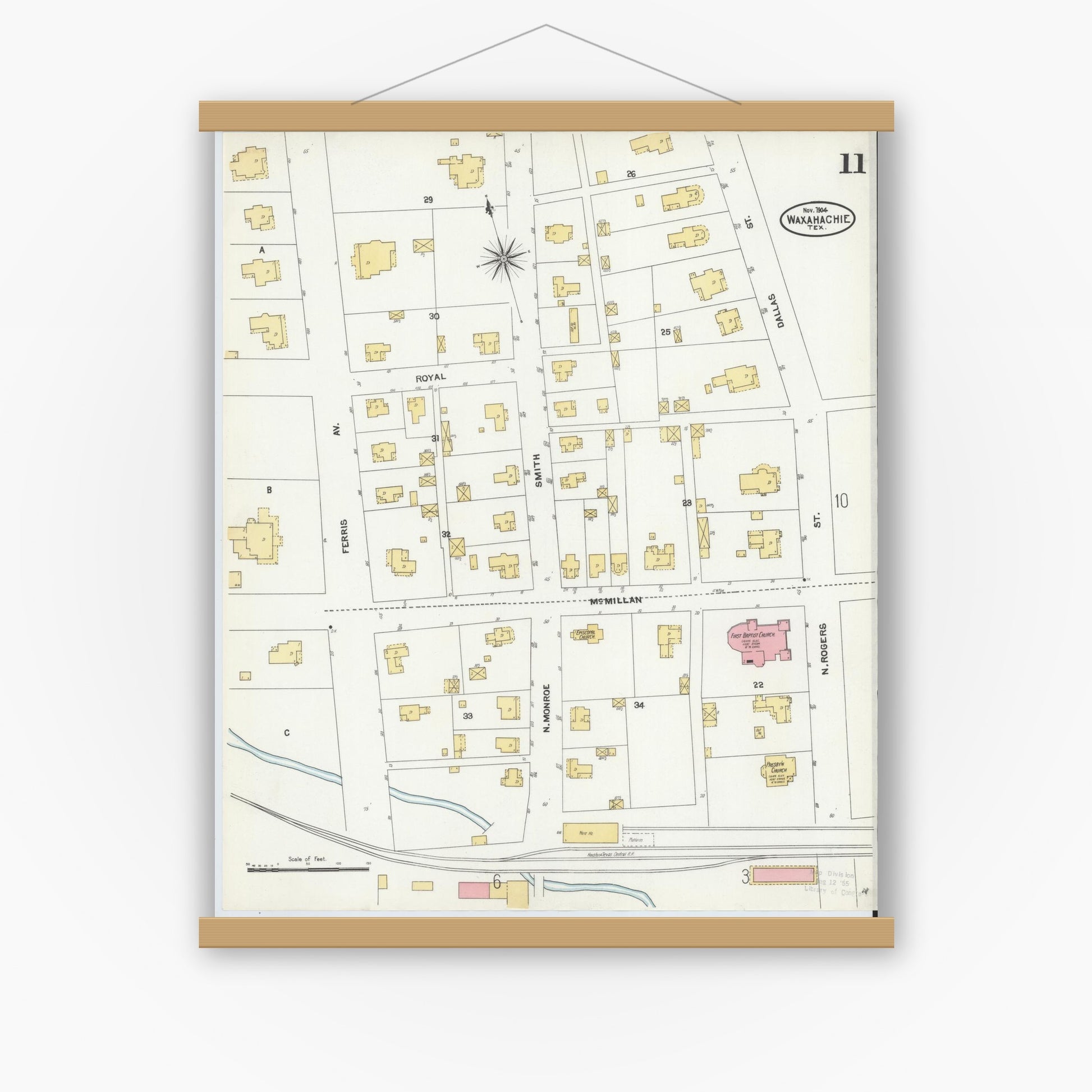 Old map wall art mockup — magnetic wood frame on white wall — Sanborn Fire Insurance Map from Waxahachie, Ellis County, Texas (1904), Sheet #0011