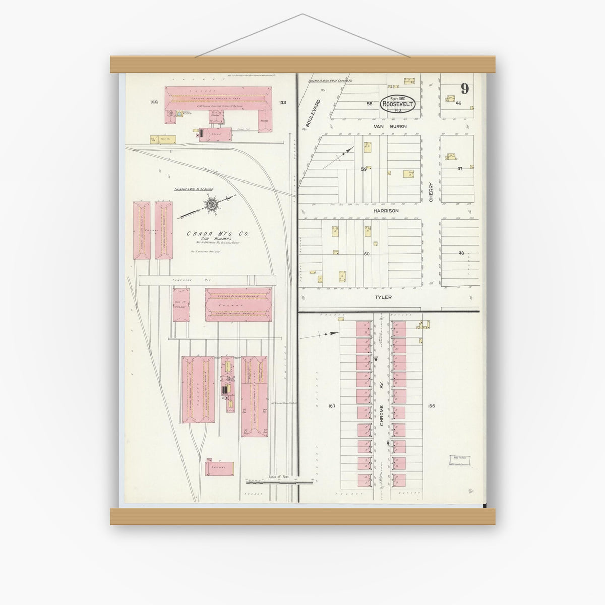 Old map wall art mockup — magnetic wood frame on white wall — Sanborn Fire Insurance Map from Roosevelt, Middlesex County, New Jersey (1912), Sheet #0009