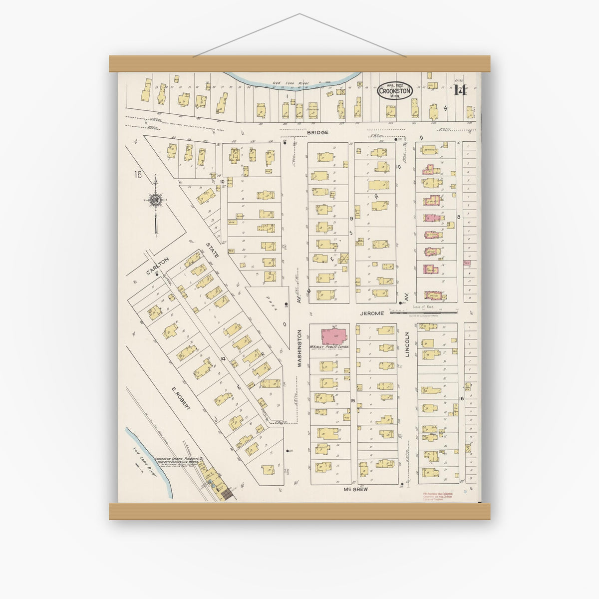 Old map wall art mockup — magnetic wood frame on white wall — Sanborn Fire Insurance Map from Crookston, Polk County, Minnesota (1922), Sheet #0014