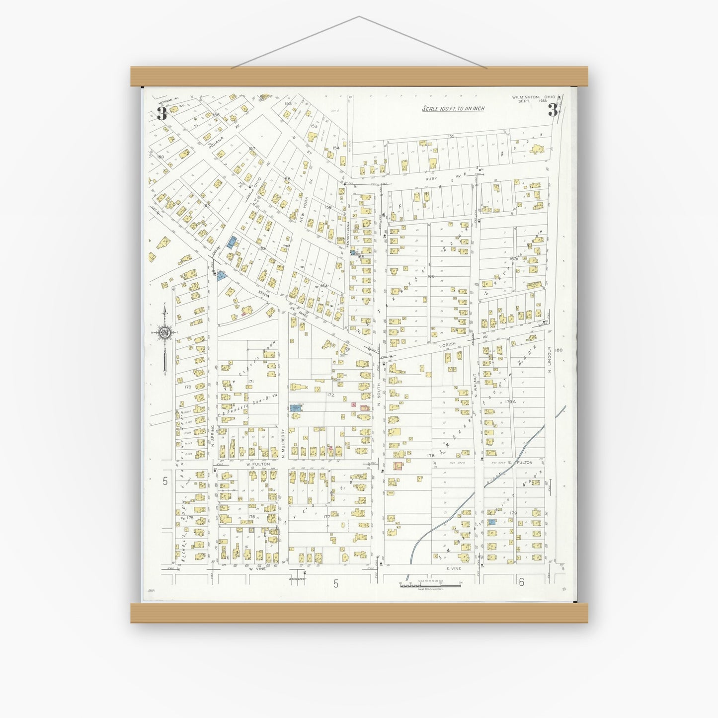 Old map wall art mockup — magnetic wood frame on white wall — Sanborn Fire Insurance Map from Wilmington, Clinton County, Ohio (1933), Sheet #0003