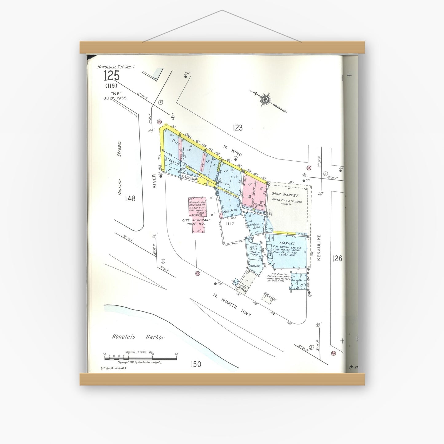 Old map wall art mockup — magnetic wood frame on white wall — Sanborn Fire Insurance Map from Honolulu, Oahu County, Hawaii (1955), Sheet #0125