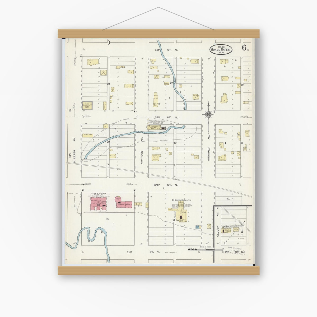 Old map wall art mockup — magnetic wood frame on white wall — Sanborn Fire Insurance Map from Grand Rapids, Itasca County, Minnesota (1913), Sheet #0006