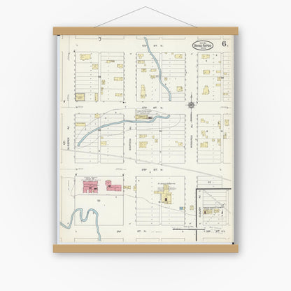 Old map wall art mockup — magnetic wood frame on white wall — Sanborn Fire Insurance Map from Grand Rapids, Itasca County, Minnesota (1913), Sheet #0006