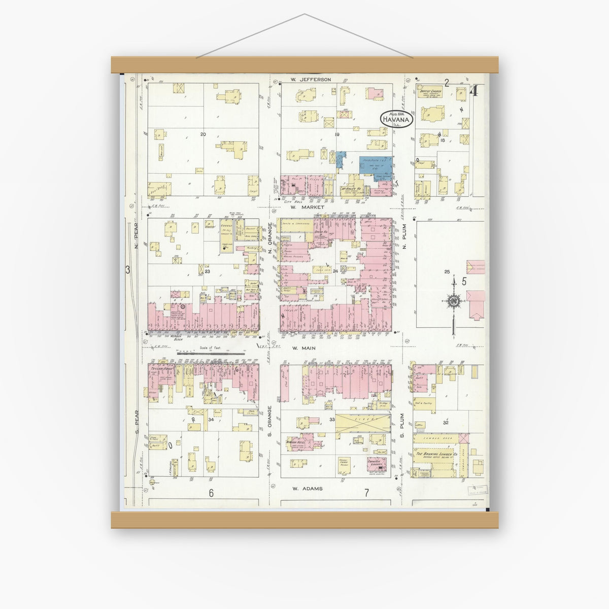 Old map wall art mockup — magnetic wood frame on white wall — Sanborn Fire Insurance Map from Havana, Mason County, Illinois (1914), Sheet #0004